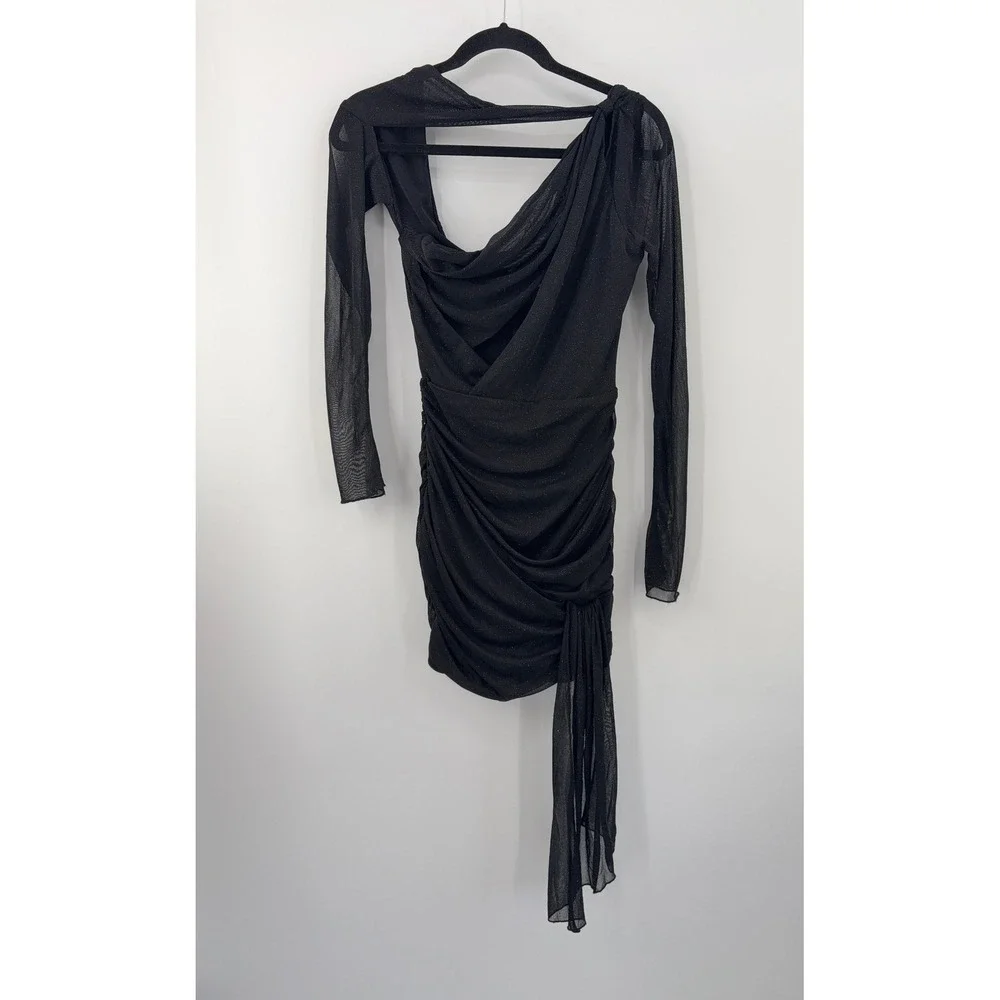 B41 House of CB Santa Mini Dress Small Black Glitter Ruched Bodycon Cutout - Picture 4 of 12